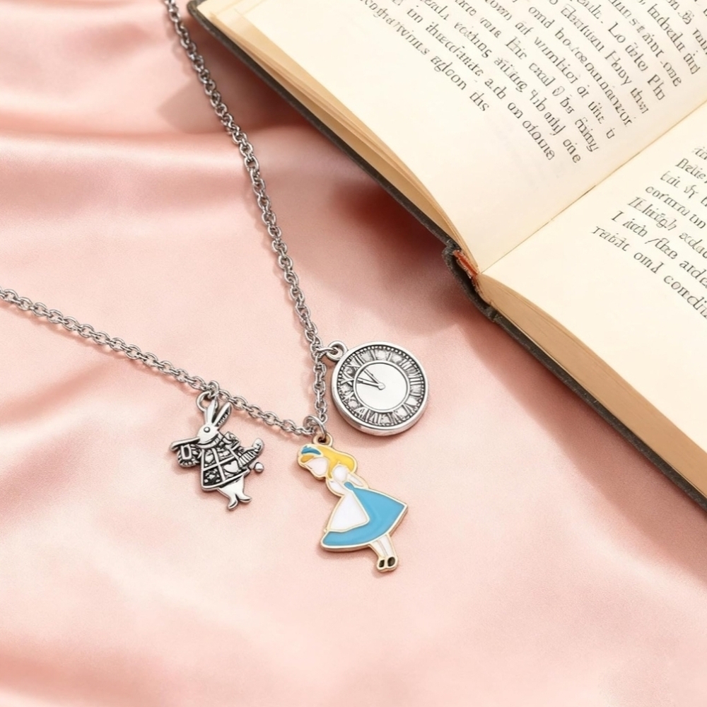 ALICE IN WONDERLAND STAINLESS STEEL ENAMEL COATED CHARM NECKLACE HANDMADE - Picture 2 of 6